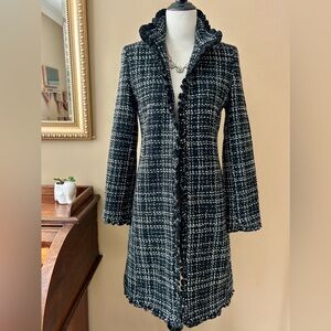 DKNY Wool Tweed Black White Plaid Coat Ruffle Trim Size 4